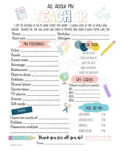 an all about my teacher printable for teachers to use on their school day activities