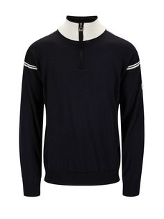 a black sweater with white trims on the collar