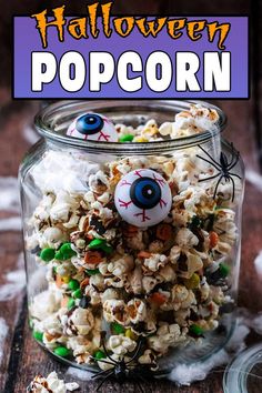 A jar of halloween popcorn with a text overlay label. Chocolate Drizzled Popcorn, Treat Or Trick, Halloween Popcorn, Halloween Sprinkles, Popcorn Snacks