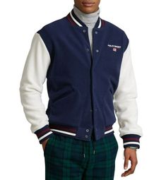 Polo Sport Ralph Lauren Colorblock American Flag Sherpa Baseball Varsity Jacket | eBay Winter Cotton Varsity Jacket With Button Closure, Hooded Fleece Varsity Jacket For Fall, Navy Outerwear With Ribbed Collar For Fall, Casual Winter Fleece Varsity Jacket, Cotton Long Sleeve Varsity Jacket For Outdoor, Casual Fleece Outerwear With Ribbed Collar, Cotton Sport Coat For College Winter, Winter Cotton Sport Coat, White Cotton Casual Fleece Jacket