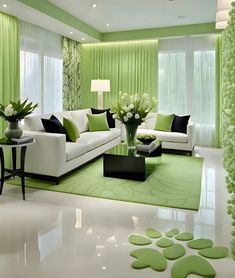 a green and white living room with two couches, coffee table and vases