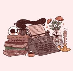 an old typewriter surrounded by books, candles and a skull on top of it