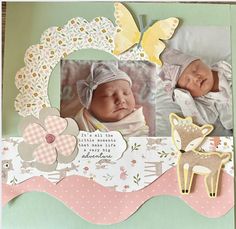 a baby's photo is shown in a frame with a deer and flower decoration