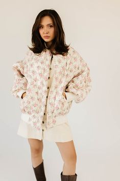 ollie floral quilted jacket *restocked* – shop zoco Floral Quilt, Rose Pattern, Quilted Jacket, Spandex Fabric, Distressed Denim, Next Level, Drop Shoulder, Pink Floral, Jumpsuit Dress