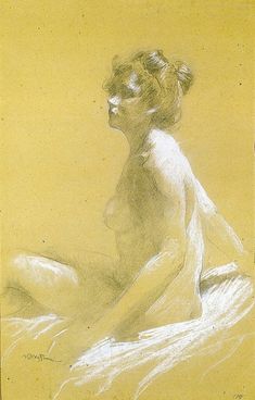 a drawing of a nude woman sitting on a bed in front of a yellow background