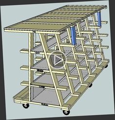 a drawing of a shelf with shelves and wheels on the bottom, in front of a gray background