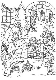 a coloring page for children with santa and his family