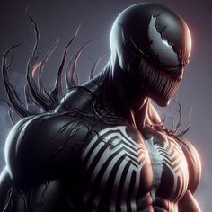 a close up of a person wearing a black and white spider - man suit with his hands on his hips