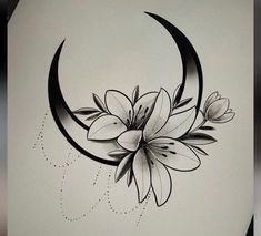 a black and white drawing of a flower on a crescent with the moon in the background