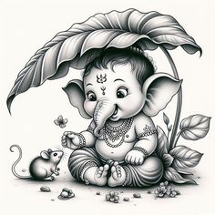 a drawing of an elephant sitting under a leaf with a small mouse in front of it