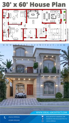 the front and back side of a house plan with an attached balcony, two cars parked in