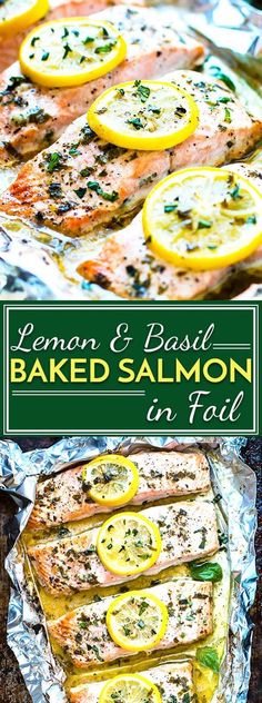 baked salmon in foil with lemons and basil on the side, next to an image of baked salmon