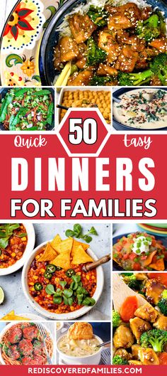 the cover of 50 easy dinners for families with pictures of different foods and vegetables