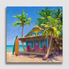 a painting of a house on the beach with a surfboard in front of it