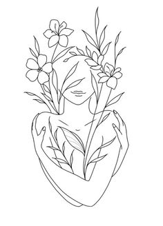 a drawing of a woman holding flowers in her hands