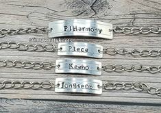 Show off you love for P1Harmony with these chain name bracelets. Your choice of name bracelets Keeho Theo Jiung Intak Soul Jongseob P1Harmony P1ece All materials used are Nickel-Free Bracelets would fit wrists 7-7.5in (19cm).  If you need a smaller (fits 6-6.5in (16cm )or larger (fits 8-8.5in (21cm) bracelet please put in notes when you checkout. Keeho Theo, Kpop Fandom, Name Bracelets, Free Bracelet, Star Bracelet, Name Bracelet, Chain Link Bracelet, Link Bracelets, Chain Link