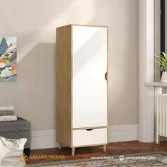 a white and wood cabinet in a living room