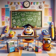 an animated classroom scene with school supplies and characters