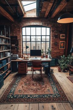 a room with a large rug, desk and bookshelf in it's center