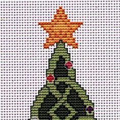 a cross stitch christmas tree with an orange star on top and red flowers in the bottom