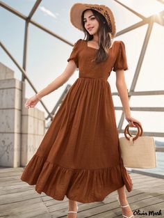 Olivia Mark - Square Neckline Fit-and-Flare Dress with Ruffled Hem and Puff Sleeves Flare Long Dress, Dress With Square Neckline, Black Embroidered Dress, Black Short Sleeve Dress, A Line Maxi Dress, Church Dresses, Puff Long Sleeves, Neck Bodycon Dress, Bubble Sleeve