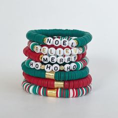 The best way to spread Christmas Cheer... is to WEAR it for all to SEE! 🎄🎁 These fun and festive heishi disc bracelets are perfect to add a pop of festive cheer to your arm party.  Available in a Christmas Cheer mix (Red, Green, and White) or solids of each!  You can also personalize these bracelets to include your favorite word or motto for the holidays.  These make great gifts for your girlfriends to share a little Christmas Cheer this holiday season! ❣️Please note - if you would like personalization, you MUST choose that option in the drop down menu in addition to adding your personalization notes - word and color of bead.  Thank you! Bracelets are handmade on strong stretch cord and approximately 7 inches in length, which fits small to medium adult wrists. Custom sizing is available! Bracelet Making Ideas, Tube Bead Bracelet, Make Clay Beads, Christmas Jewelry Diy, Heishi Bracelets, Beaded Braclets, Heishi Bracelet, Holiday Bracelets, Clay Bracelets