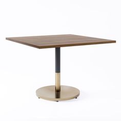 a square table with a metal base and wooden top on an isolated white background,