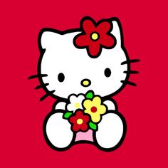 a hello kitty holding flowers on a red background