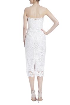 Badgley Mischka strapless lace t dress in ivory. 100% Polyester Dry Clean Made in China T Dress, Lace Sheath Dress, Badgley Mischka, Made In China, Sheath Dress, Neiman Marcus, Tops Designs, Cocktail Dress, Formal Dresses