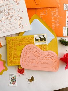 Bright colored wedding invitation suite with RSVP cards and custom stamps Catskills Mountains, Colorful Wedding Invitations, The Catskills, Colorful Wedding, Card A, Tag Design