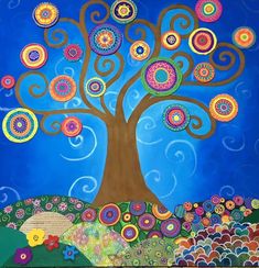 a painting of a tree with colorful circles on it