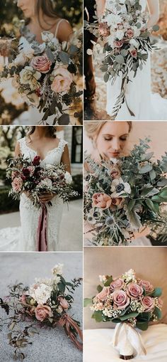 a collage of photos with flowers and greenery on them, including roses in different colors