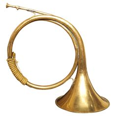 a brass colored instrument with a long horn and a rope wrapped around the end, on a white background