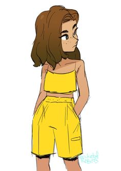 a drawing of a girl in yellow shorts and a cropped top with her hands on her hips