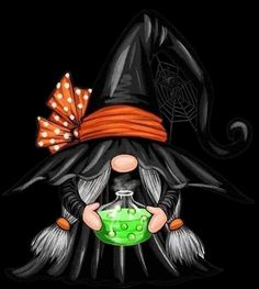 an image of a witch holding a caulder in her hands and wearing a hat