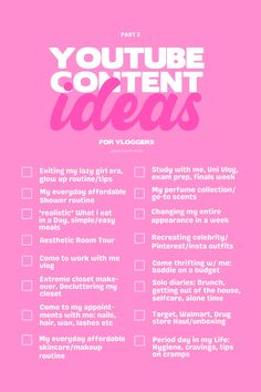 a pink poster with the words youtube content ideas