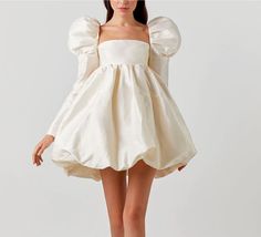 Fashion Retro Beige Satin Puff Sleeve Ball Gown · KoKo Fashion · Online Store Powered by Storenvy Mini Wedding Dresses, Long Dress Design, Short Prom Dress, Sleeves Clothing, Prom Dresses Ball Gown, Mini Dress With Sleeves, Party Dresses For Women, Ball Dresses, Mini Dress Party