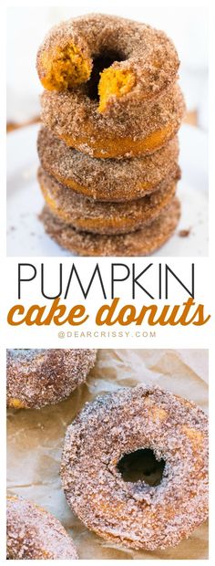 pumpkin cake doughnuts stacked on top of each other with the words pumpkin cake donuts above them