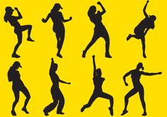 the silhouettes of people in various poses are shown on a yellow background with black and white