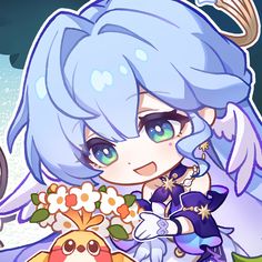 an anime character with blue hair holding flowers