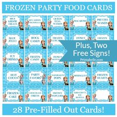 frozen party food cards with the words, plus two free signs and 28 pre - filled out