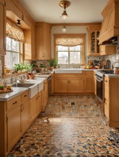 a kitchen filled with lots of wooden cabinets and counter top space next to a window