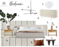 the bedroom is decorated in neutral colors and features white furniture, wood accents, and plants