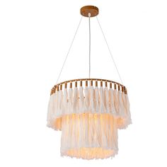 a chandelier hanging from the ceiling with fringes on it and two lights