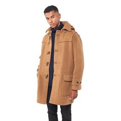 Men's Camel London Custom Fit Convertible Duffle Coat, With Original Removable Hood And Horn Toggles Classic Hooded Jacket With Detachable Hood, Classic Hooded Wool Coat, Brown Outerwear With Detachable Hood For Work, Wool Outerwear With Detachable Hood For Fall, Wool Outerwear With Detachable Hood For Cold Weather, Fall Wool Outerwear With Detachable Hood, Hooded Wool Outerwear, Solid Wool Hooded Outerwear, Solid Color Wool Hooded Outerwear