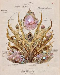 a drawing of an elaborately designed brooch with pink crystals and other things on it