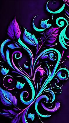 an artistically designed purple and blue background with swirls, leaves, and flowers