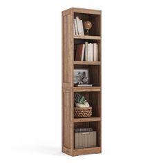 a tall wooden bookcase with books and baskets on the bottom shelf, against a white background