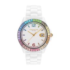 Coach Rainbow with 36MM White Round Dial Ceramic Watch Band Watch Band. GreysonA rainbow is a symbol of peace serenity and hope. It can also represent a sky bridge. Multicolor Watch With Diamond Hour Markers, Multicolor Watches With Diamond Hour Markers, Multicolor Watches With Diamond Hour Markers And Round Dial, Coach Watch, Ceramic Watch, Branding Coach, White Watch, Rainbow Crystal, Coloring Markers