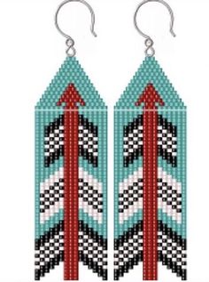 pair of earrings with red, white and blue designs on them hanging from hooks in front of a white background